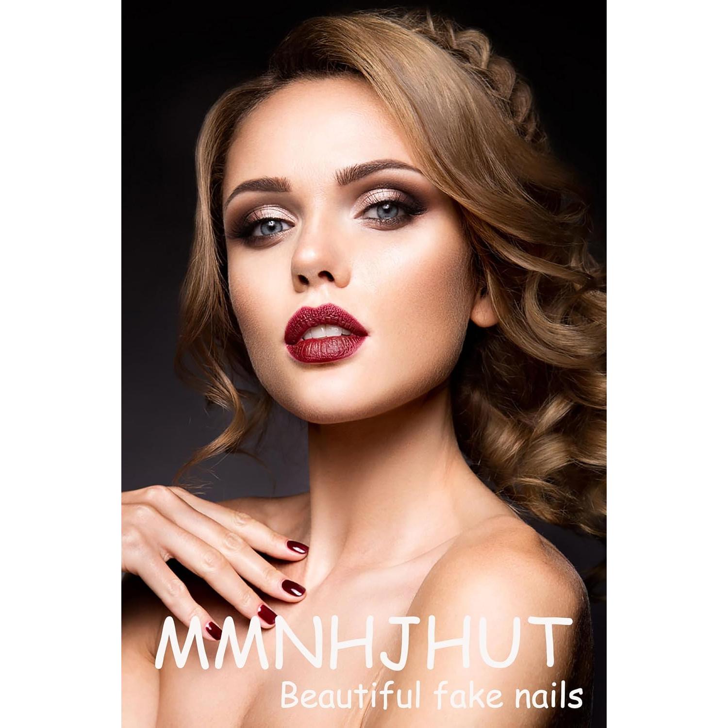 Uñas Postizas Rojas Vino Cortas Cuadradas 24 Pcs MMNHJHUT