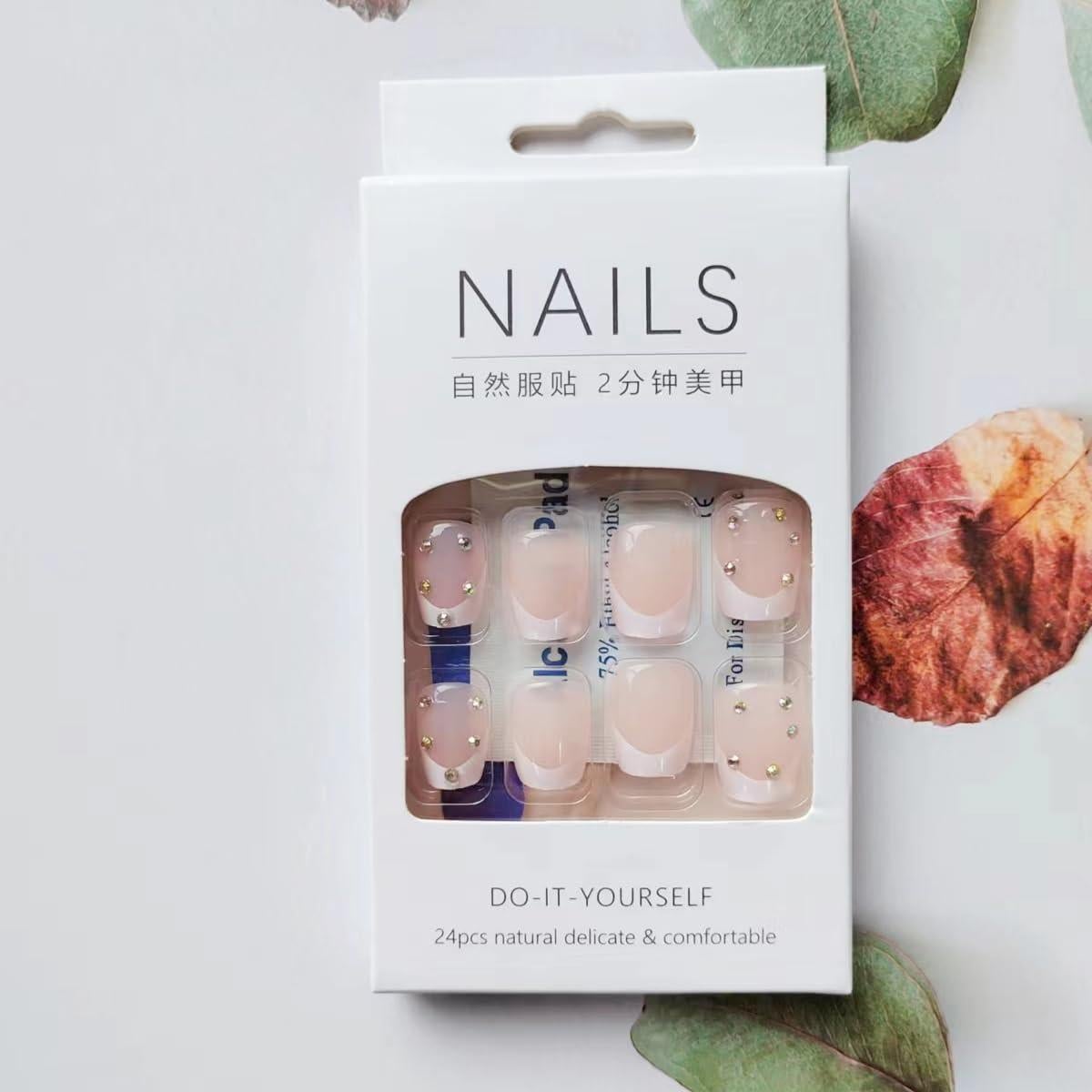 24 Uñas Postizas Cortas Cuadradas Teilihai con Rhinestone