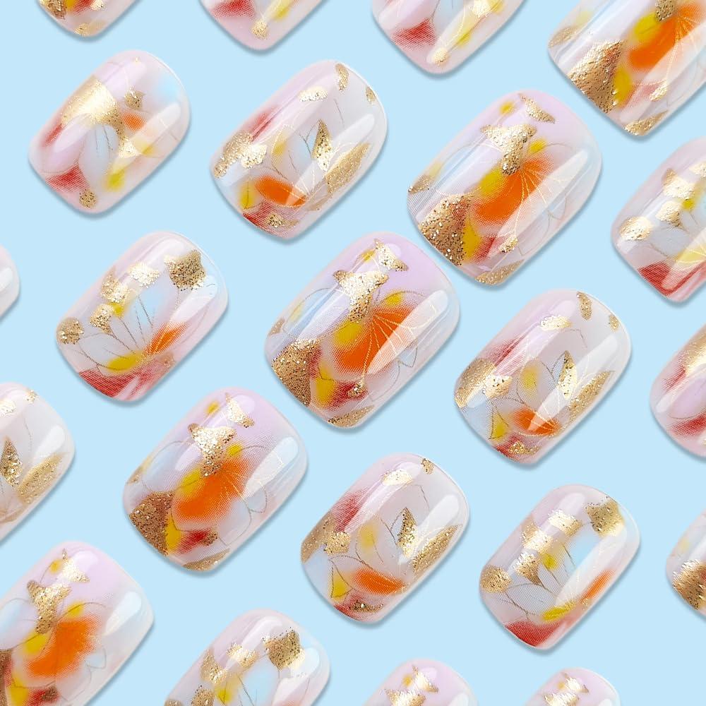 24 Uñas Postizas Cortas Cuadradas LINMEIZAI con Diseño Floral