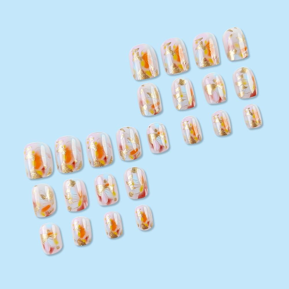 24 Uñas Postizas Cortas Cuadradas LINMEIZAI con Diseño Floral