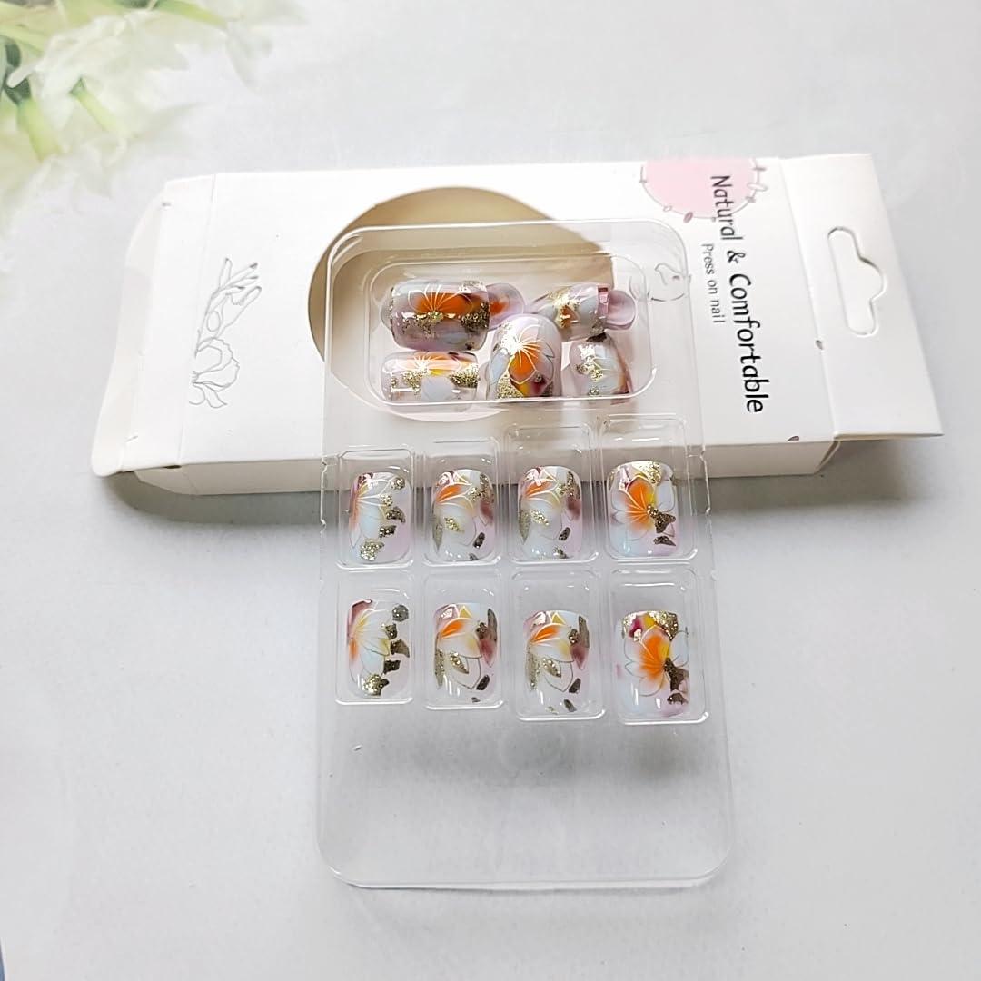 24 Uñas Postizas Cortas Cuadradas LINMEIZAI con Diseño Floral