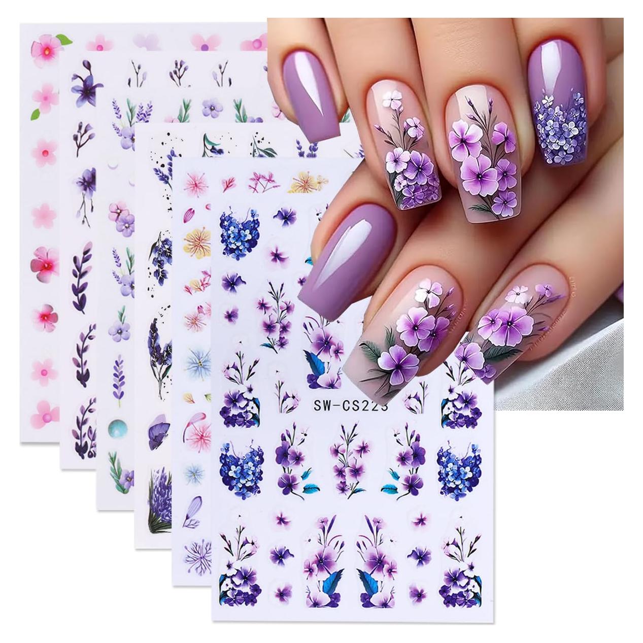 Calcomanías de Uñas 3D Autoadhesivas POWPOP 6PCS Flores Primavera