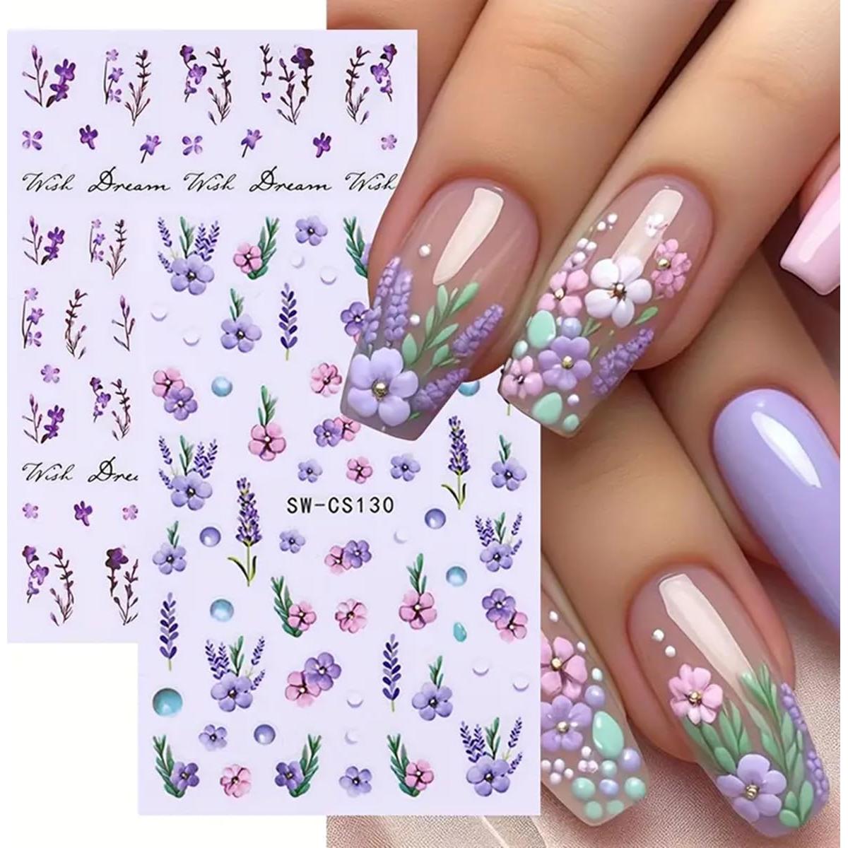 Calcomanías de Uñas 3D Autoadhesivas POWPOP 6PCS Flores Primavera