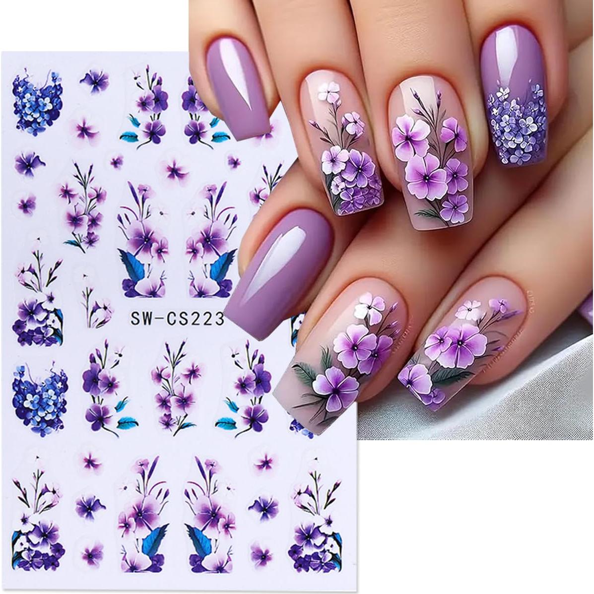 Calcomanías de Uñas 3D Autoadhesivas POWPOP 6PCS Flores Primavera