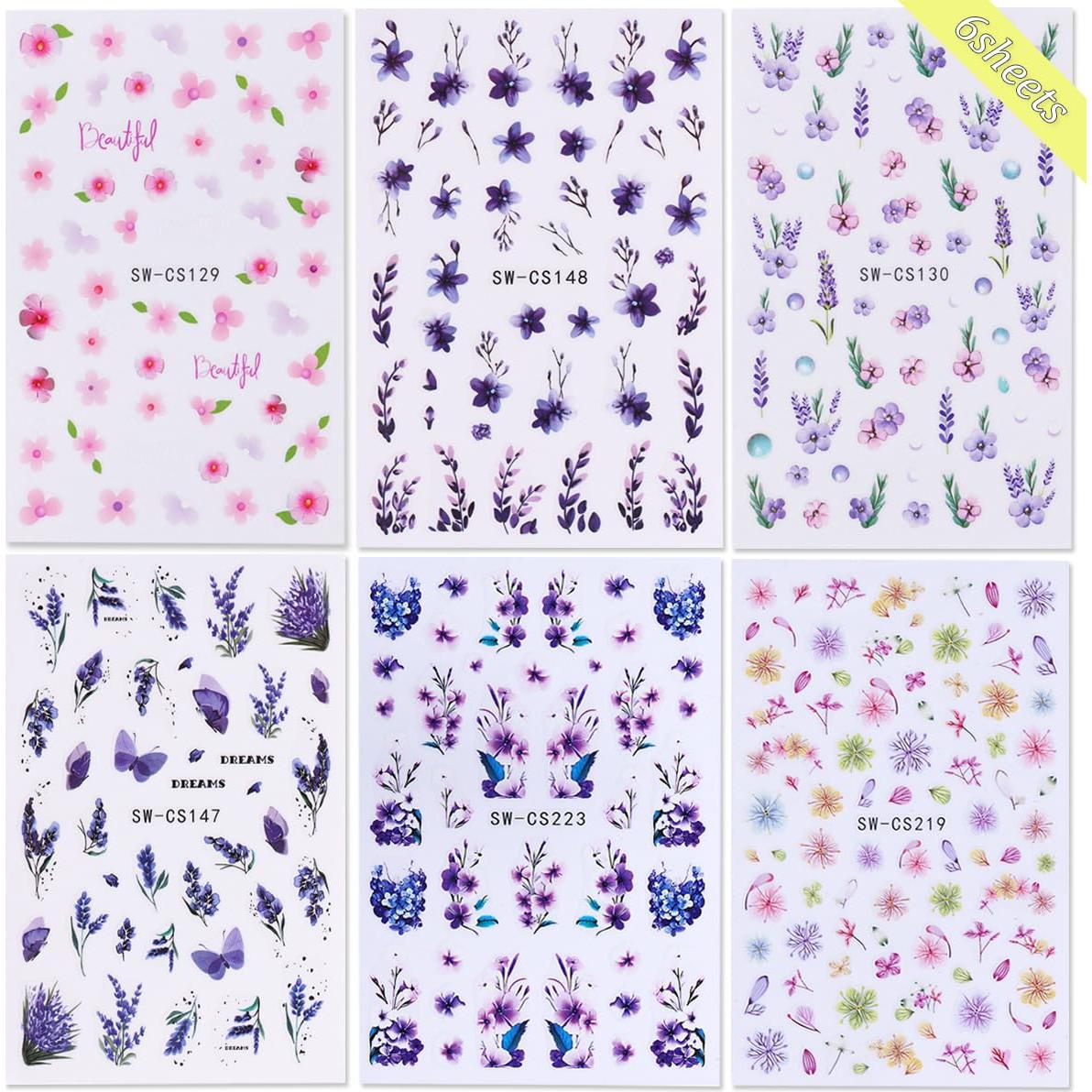 Calcomanías de Uñas 3D Autoadhesivas POWPOP 6PCS Flores Primavera