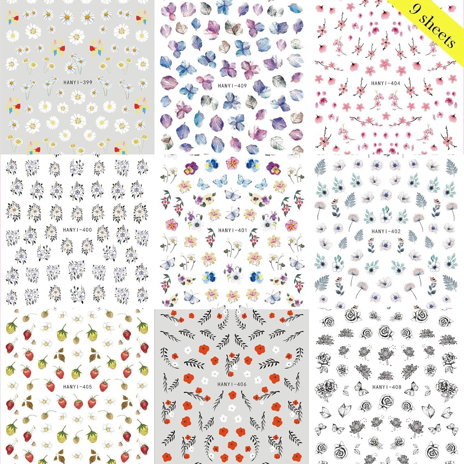 9 Hojas de Pegatinas de Uñas 3D Flores Baoximong