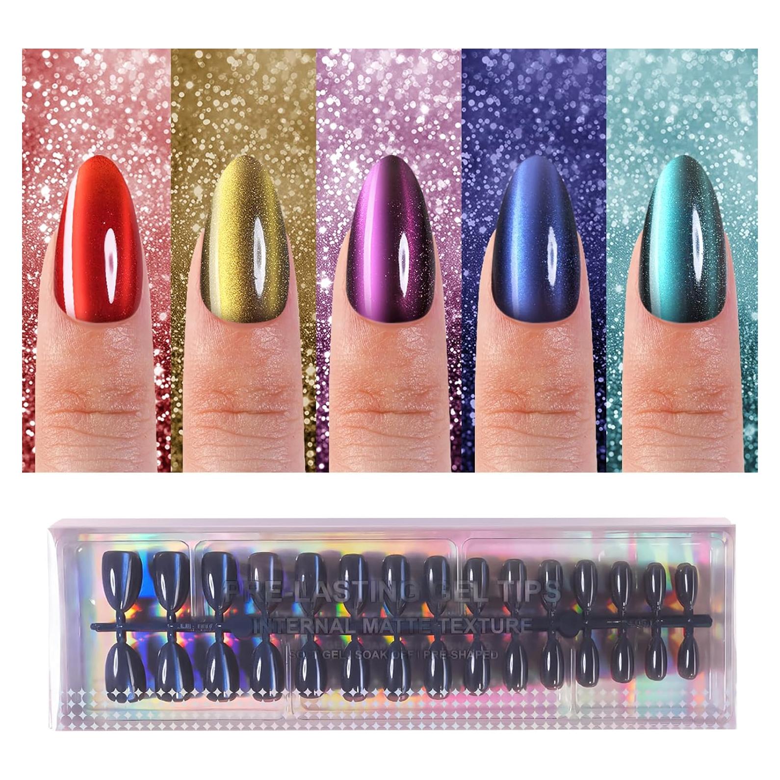 150 Uñas Postizas Ojo de Gato Plauva Almendra Media 15 Tamaños