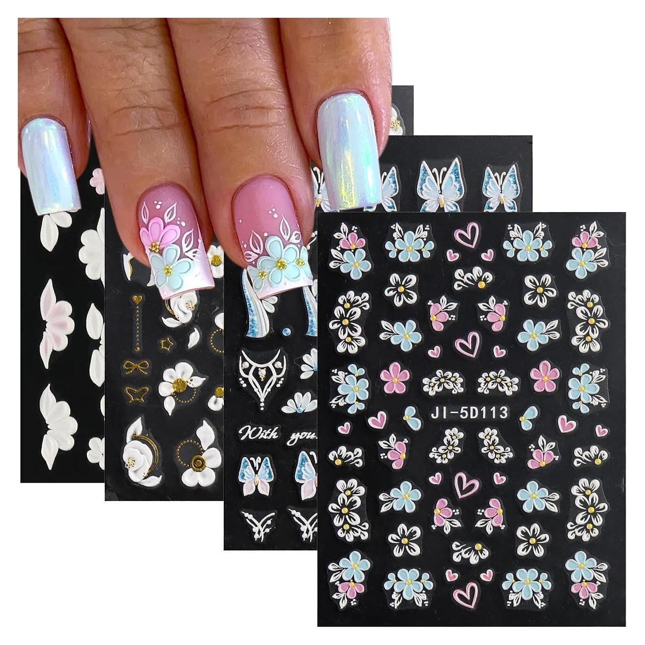 Calcomanías de Uñas 5D Fcozpjk 4 Hojas Flores Coloridas