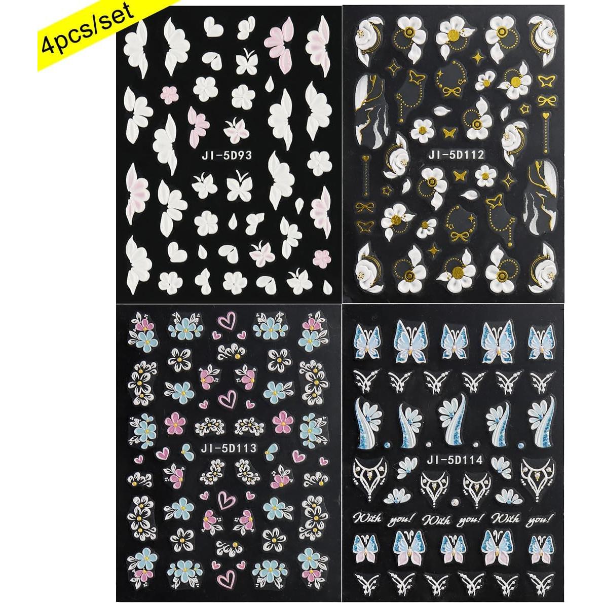 Calcomanías de Uñas 5D Fcozpjk 4 Hojas Flores Coloridas