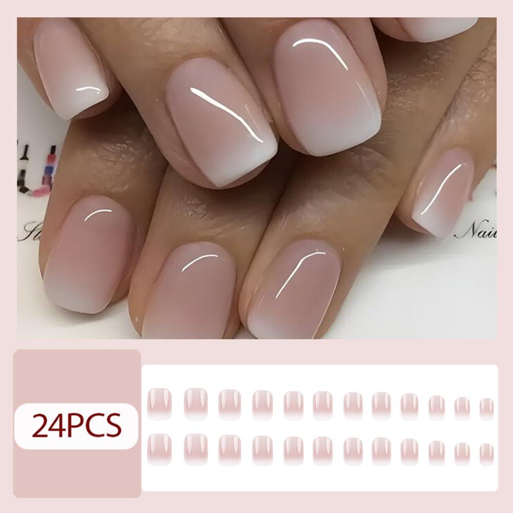 Uñas Postizas Cortas Francesas Ombre Rosa Blanco Hrnsnails