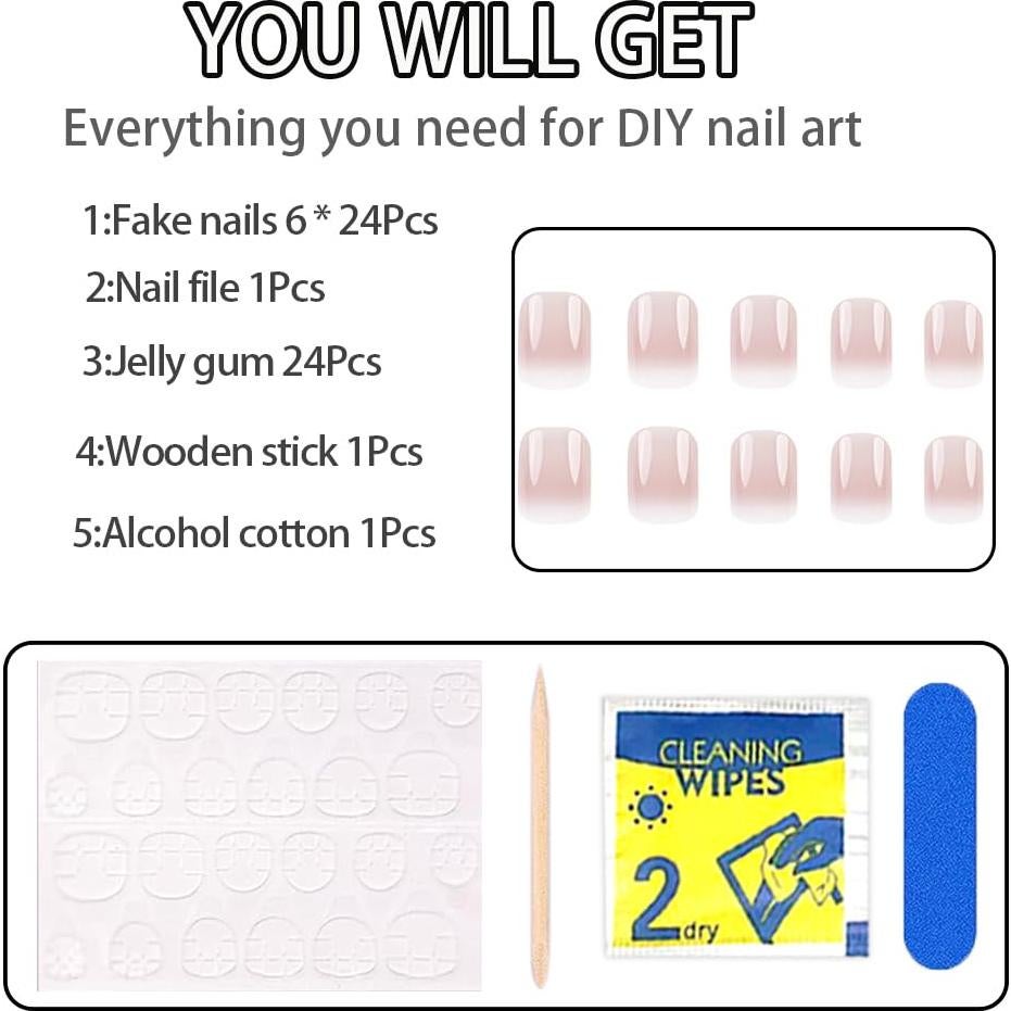 Uñas Postizas Cortas Francesas Ombre Rosa Blanco Hrnsnails