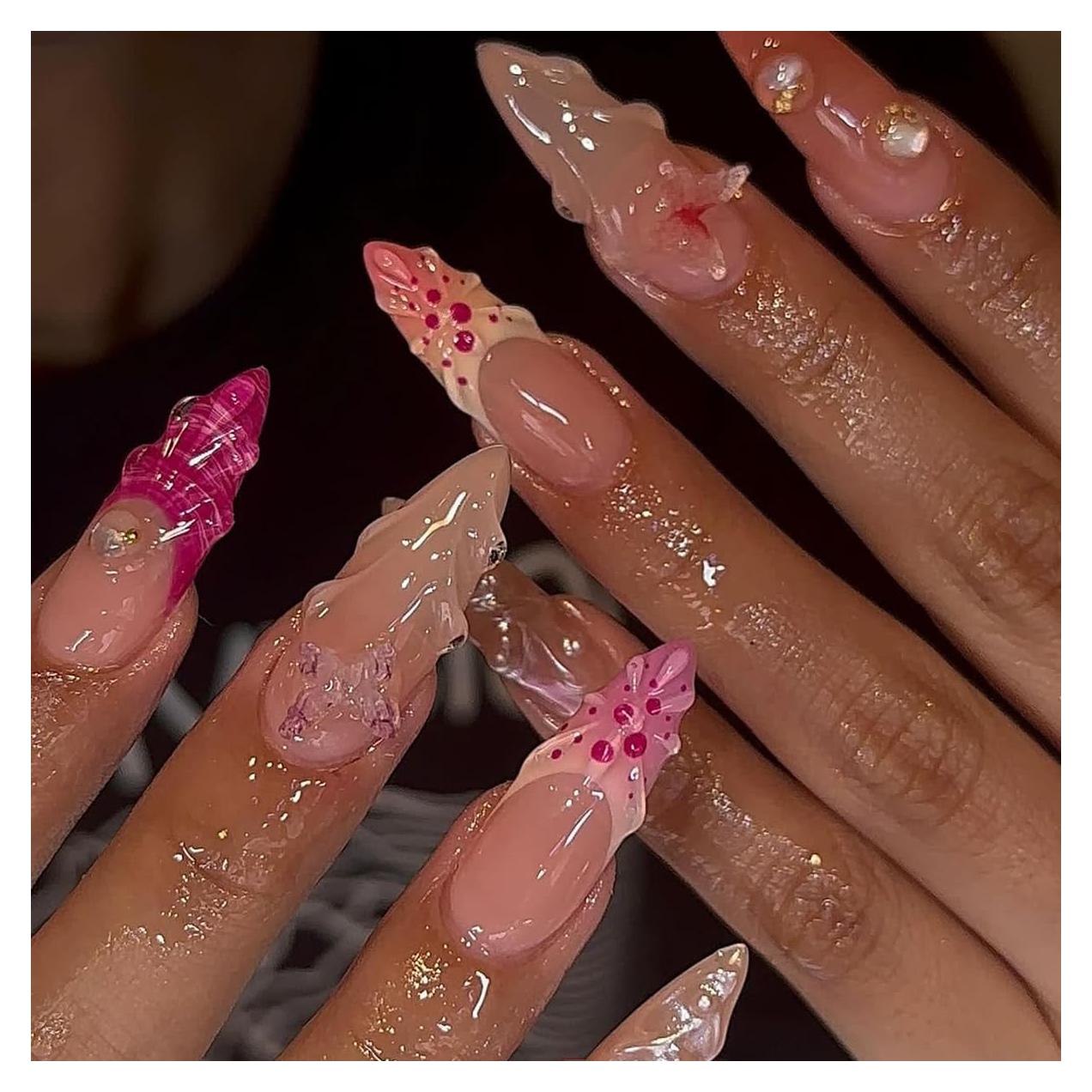Uñas Postizas Almendra 24 Pcs Brillantes con Diseño 3D