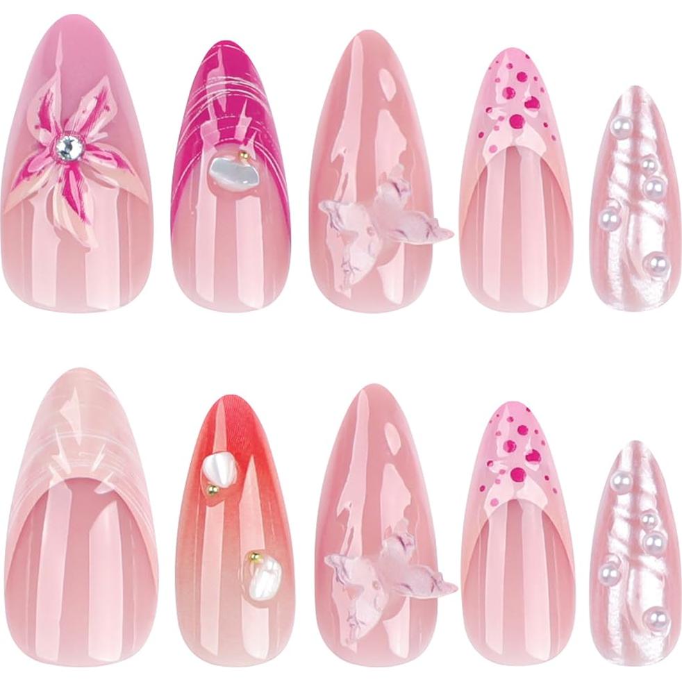 Uñas Postizas Almendra 24 Pcs Brillantes con Diseño 3D