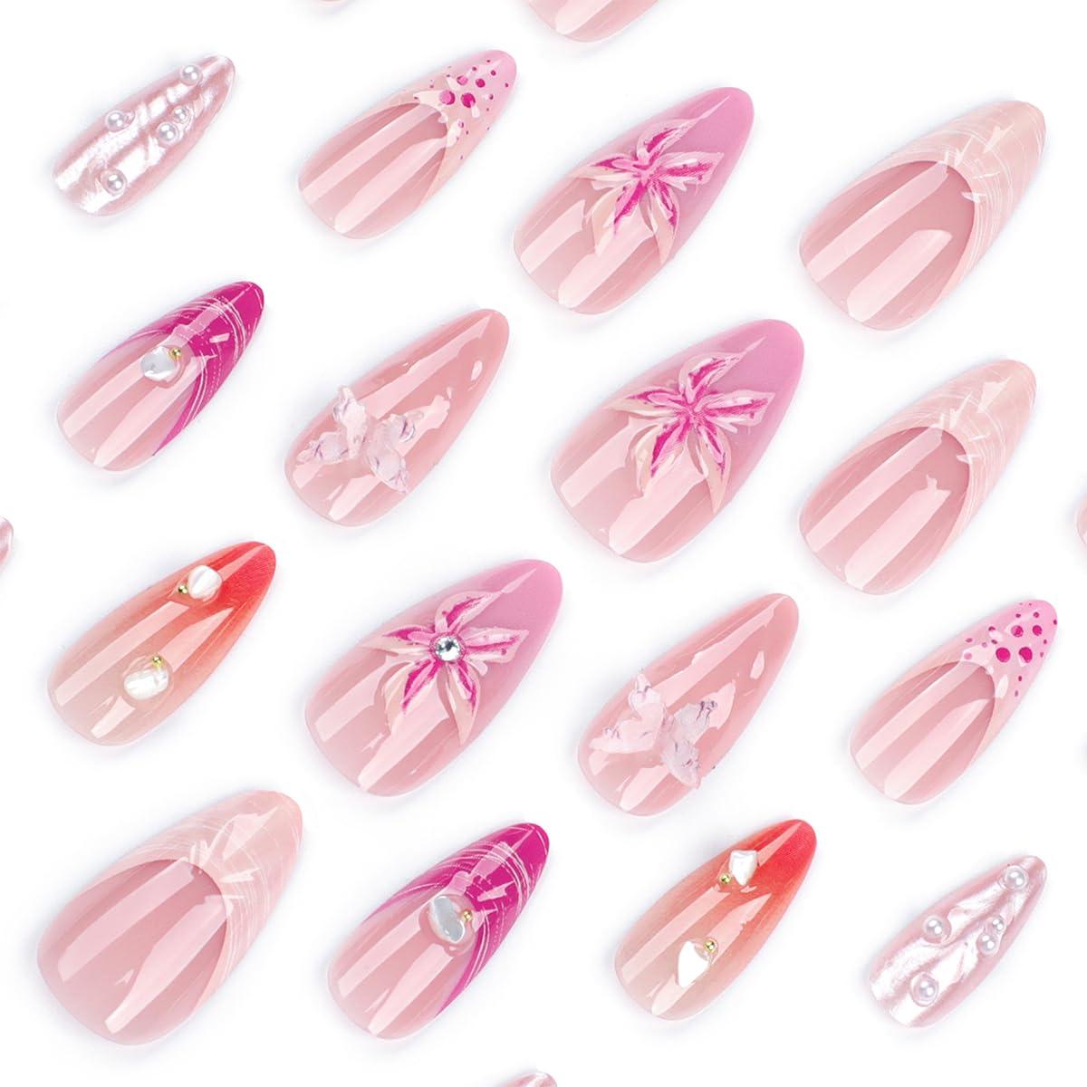 Uñas Postizas Almendra 24 Pcs Brillantes con Diseño 3D