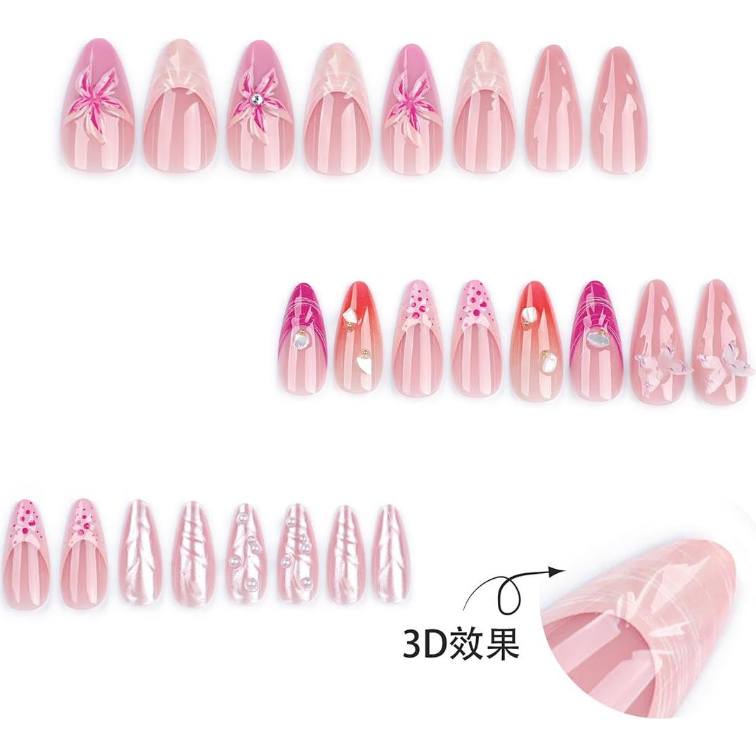 Uñas Postizas Almendra 24 Pcs Brillantes con Diseño 3D