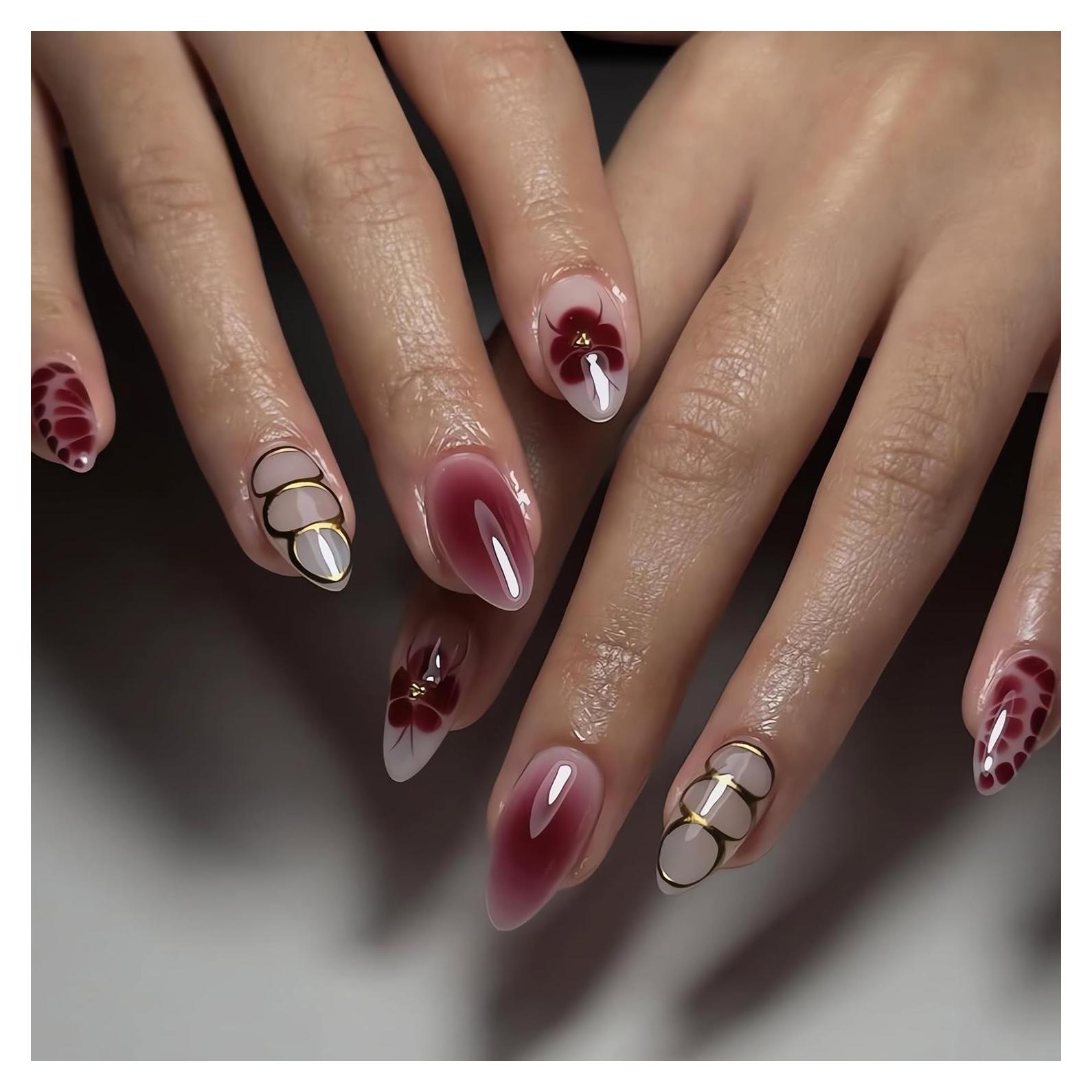 Uñas Postizas Medianas LPOODDNU con Diseño de Flores 24 Pcs