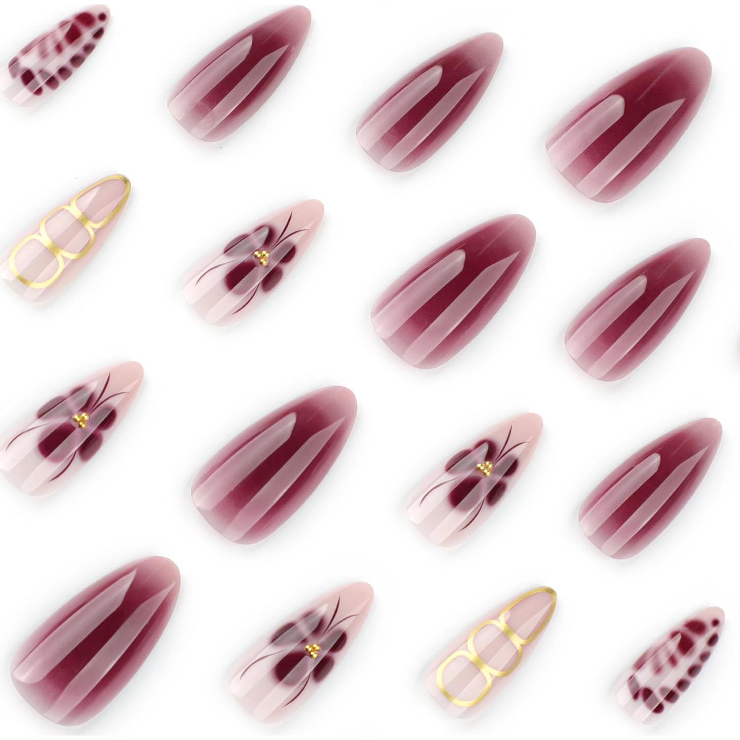 Uñas Postizas Medianas LPOODDNU con Diseño de Flores 24 Pcs