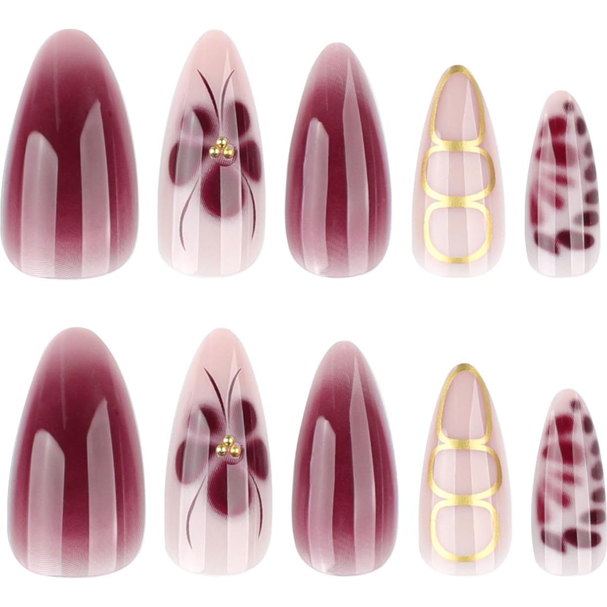 Uñas Postizas Medianas LPOODDNU con Diseño de Flores 24 Pcs