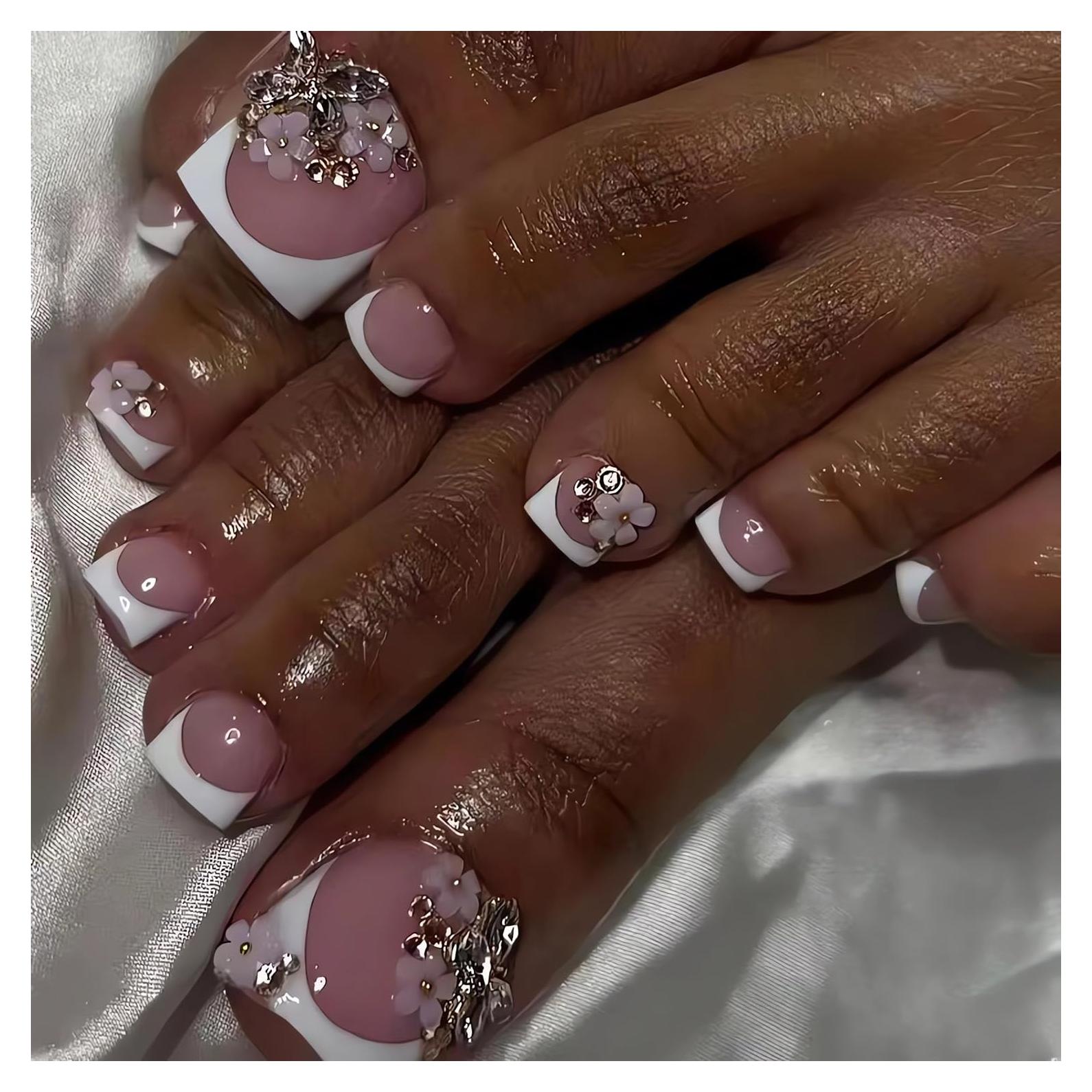 24 Uñas Postizas de Pie Rosadas con Diseño Floral y Mariposa