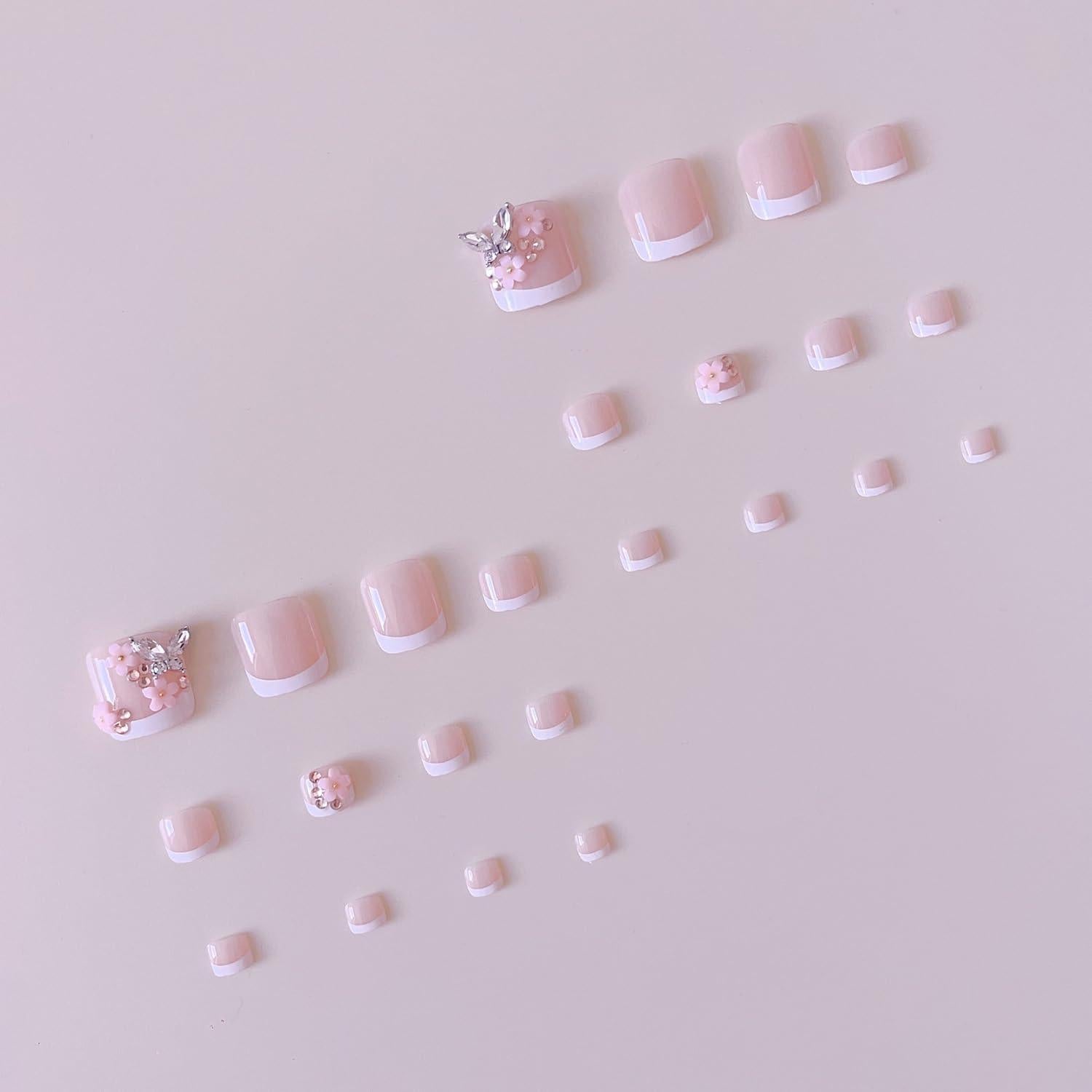 24 Uñas Postizas de Pie Rosadas con Diseño Floral y Mariposa