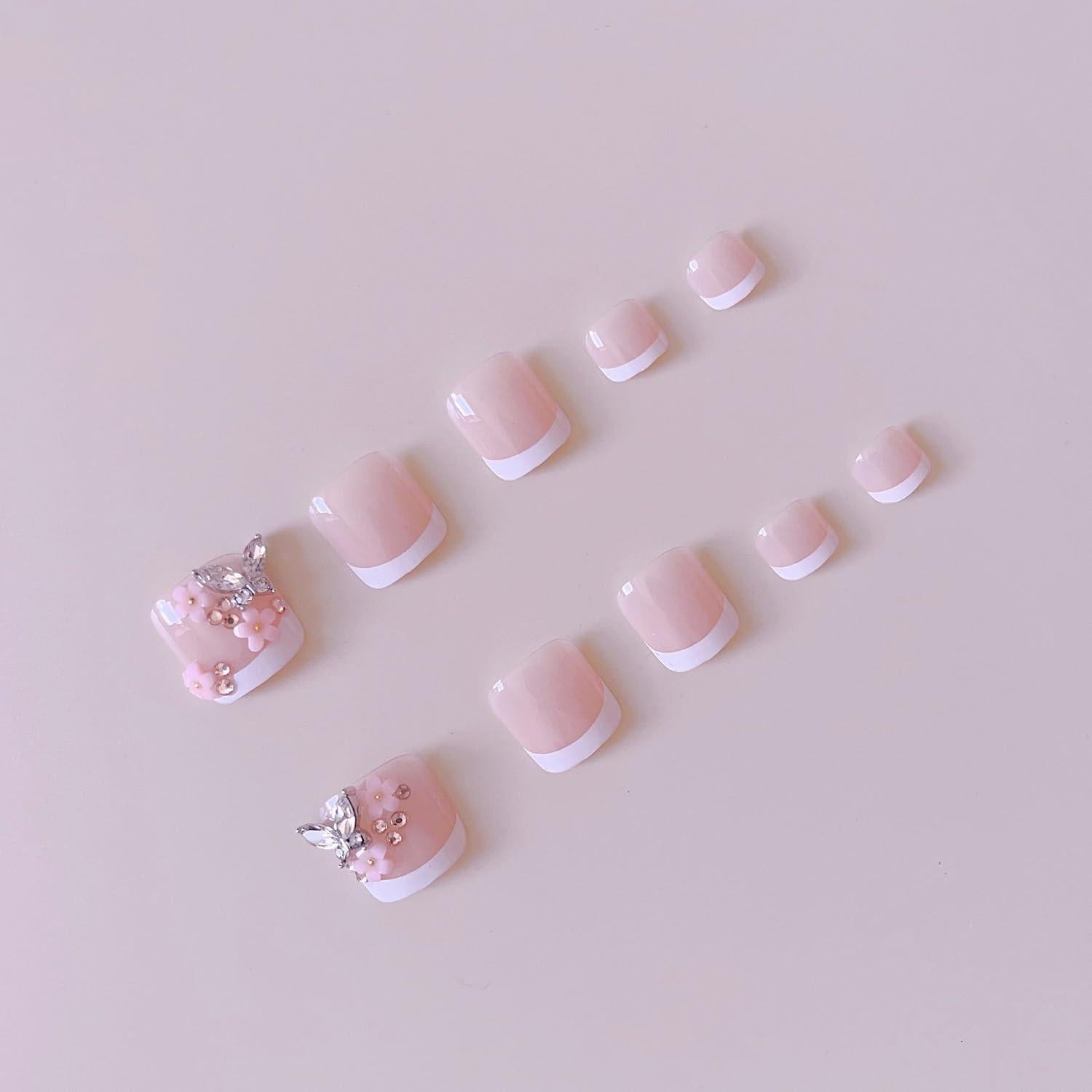 24 Uñas Postizas de Pie Rosadas con Diseño Floral y Mariposa