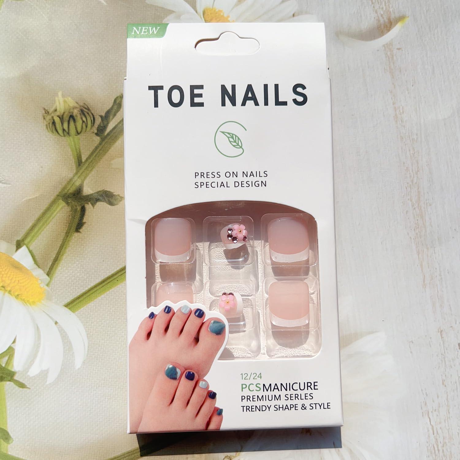 24 Uñas Postizas de Pie Rosadas con Diseño Floral y Mariposa