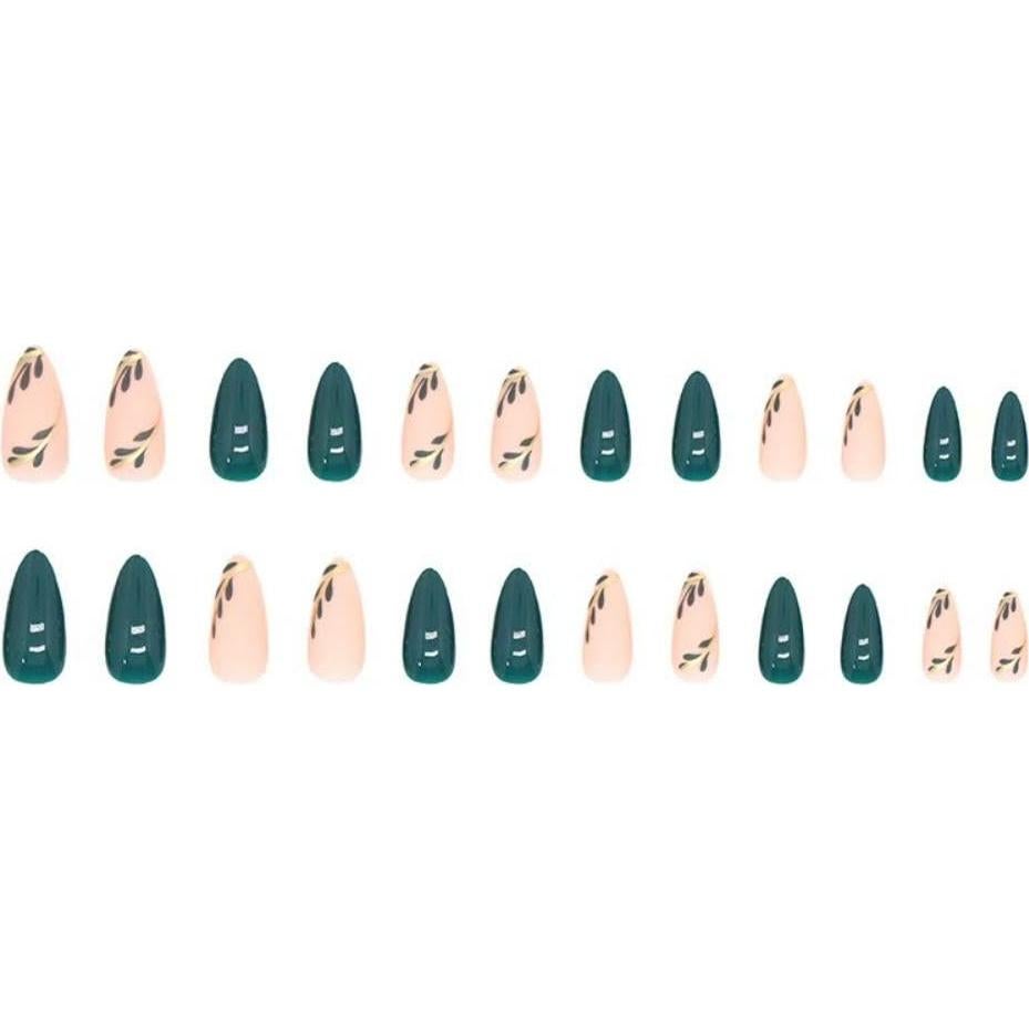 Uñas Postizas Cortas Almendra Verde NBNTGH - 24 Pcs