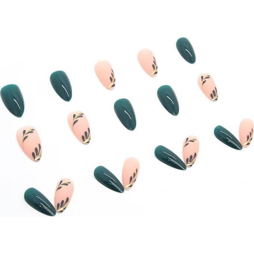 Uñas Postizas Cortas Almendra Verde NBNTGH - 24 Pcs