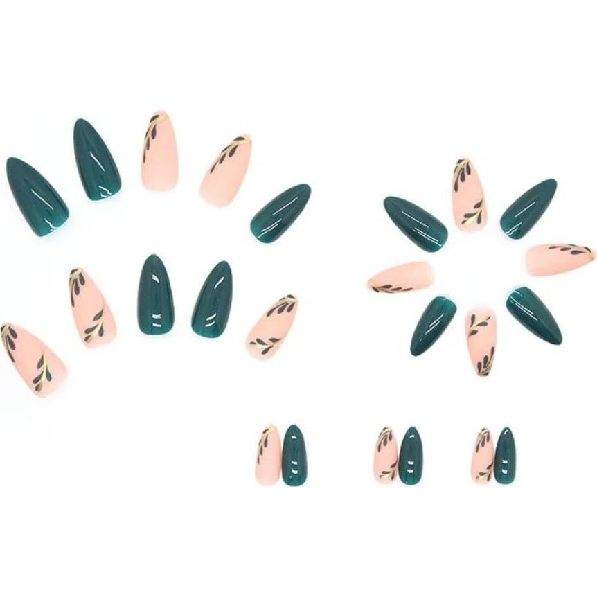 Uñas Postizas Cortas Almendra Verde NBNTGH - 24 Pcs