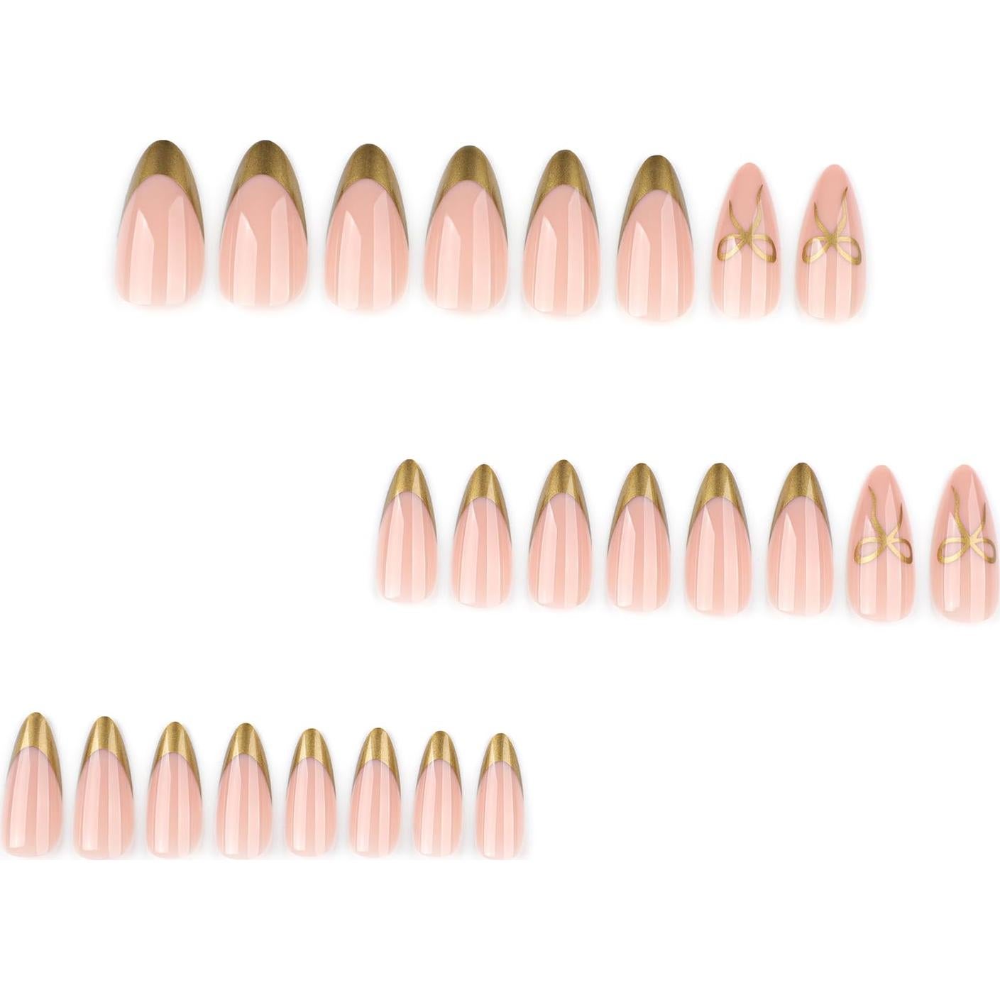 24 Uñas Postizas Doradas Almendra con Lazo NZRAESTRS