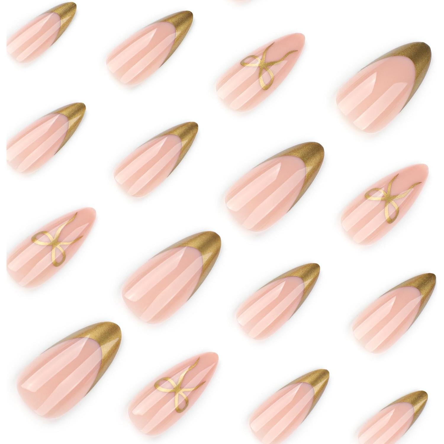 24 Uñas Postizas Doradas Almendra con Lazo NZRAESTRS