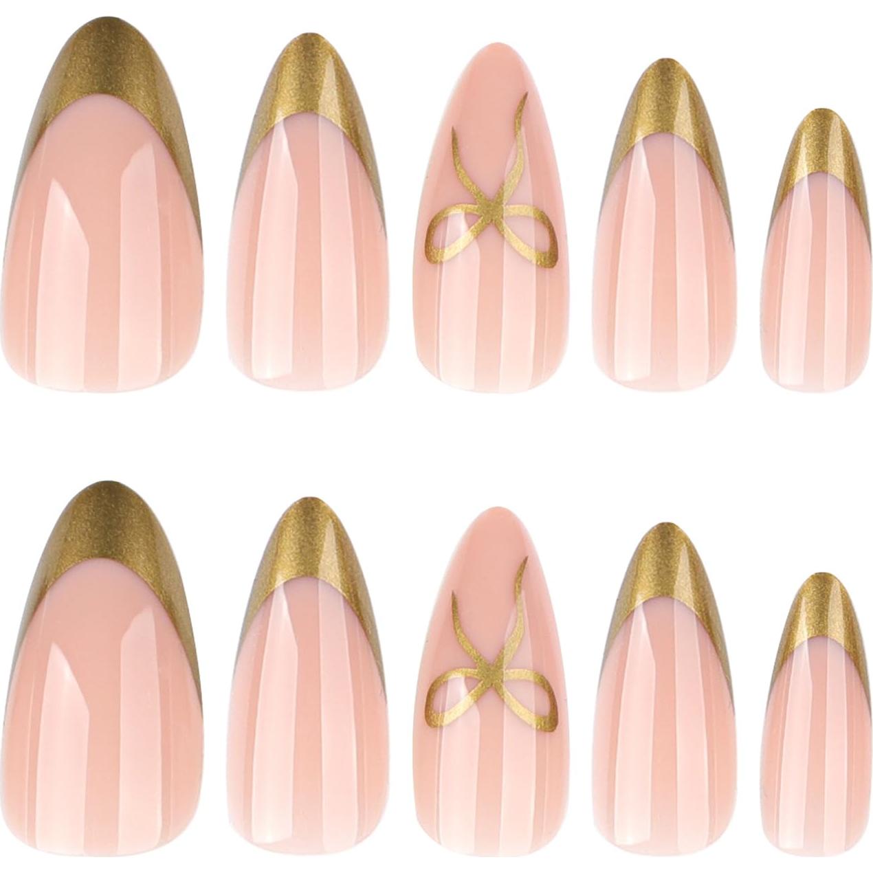 24 Uñas Postizas Doradas Almendra con Lazo NZRAESTRS