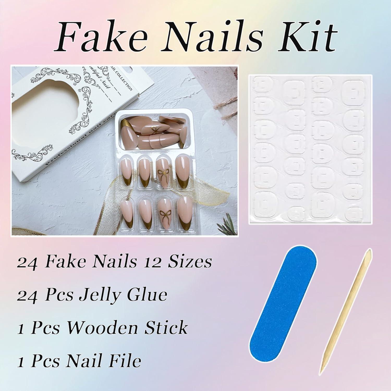 24 Uñas Postizas Doradas Almendra con Lazo NZRAESTRS