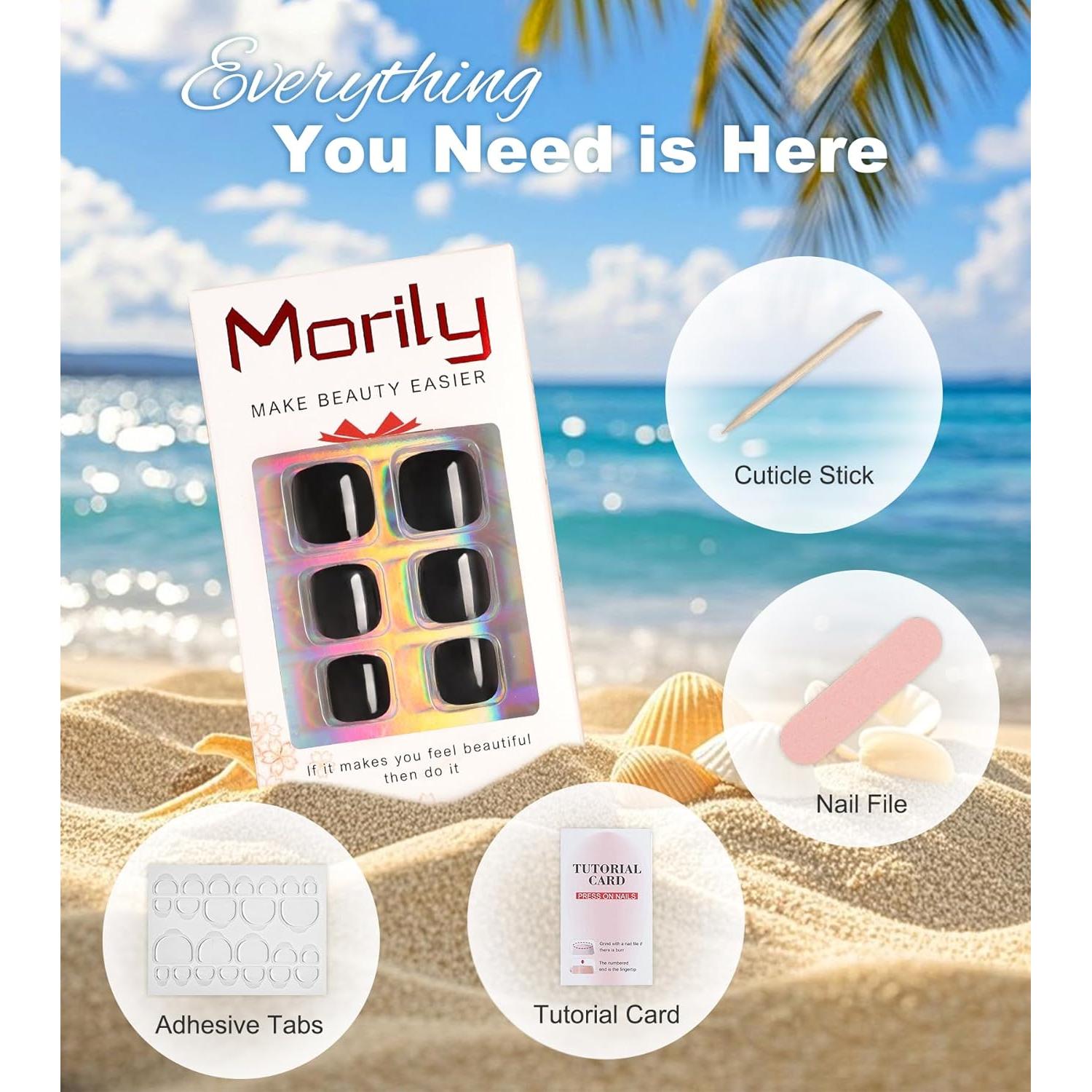 Uñas Postizas Negras Morily - 24 Pcs Cortas Cuadradas Reutilizables