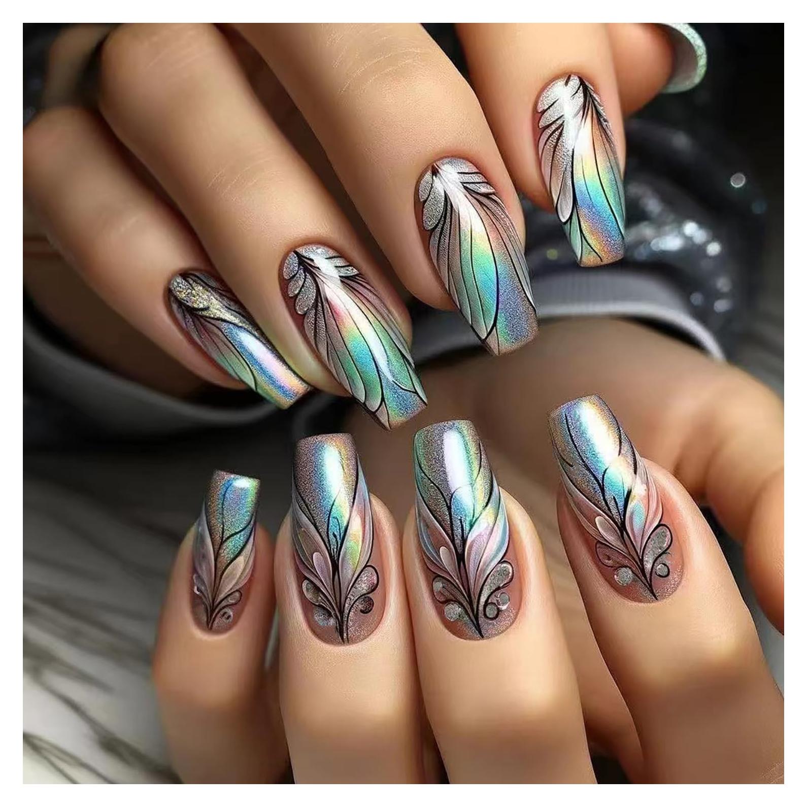 Uñas Postizas Medianas CJDLTS Pluma de Gradiente 24 Pcs