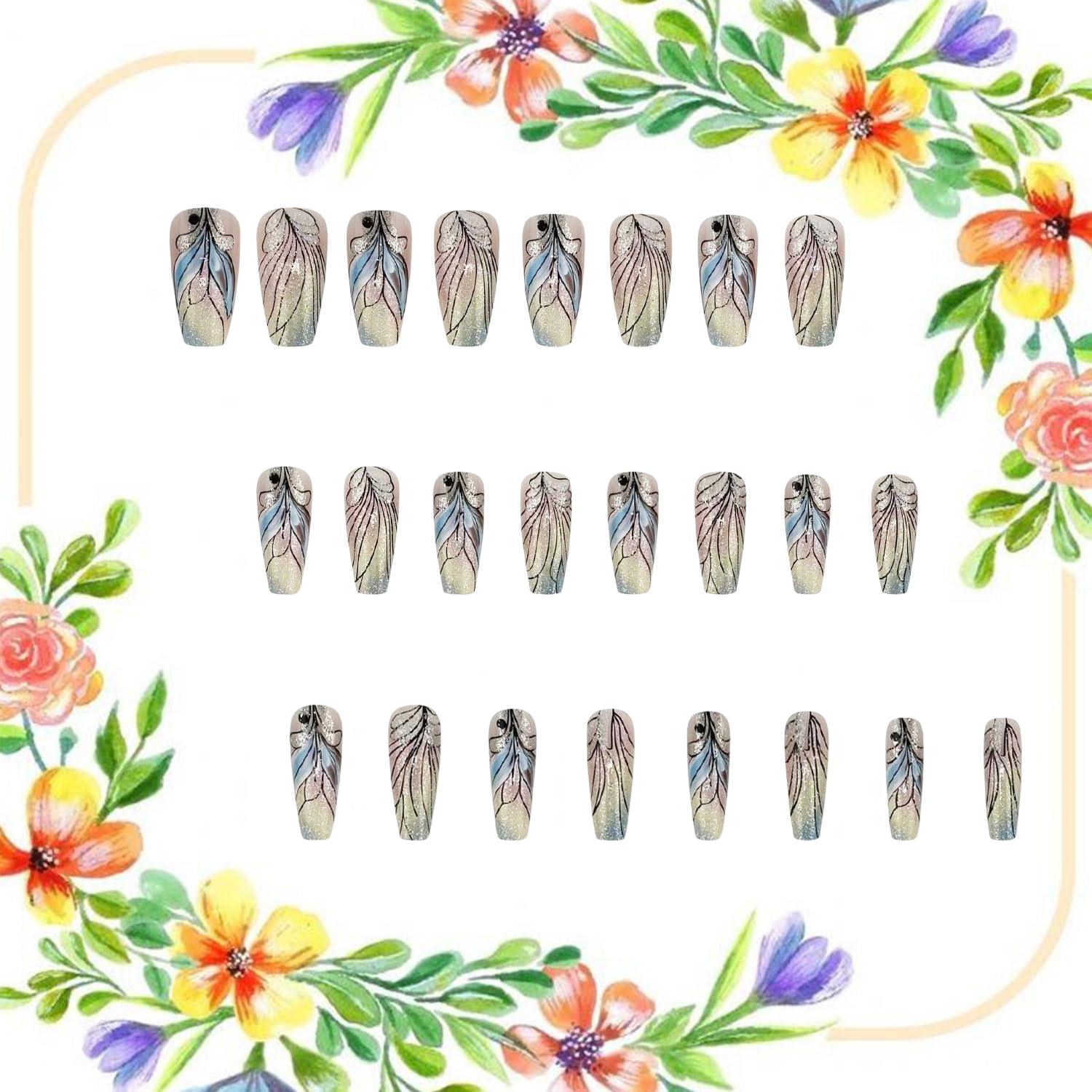 Uñas Postizas Medianas CJDLTS Pluma de Gradiente 24 Pcs