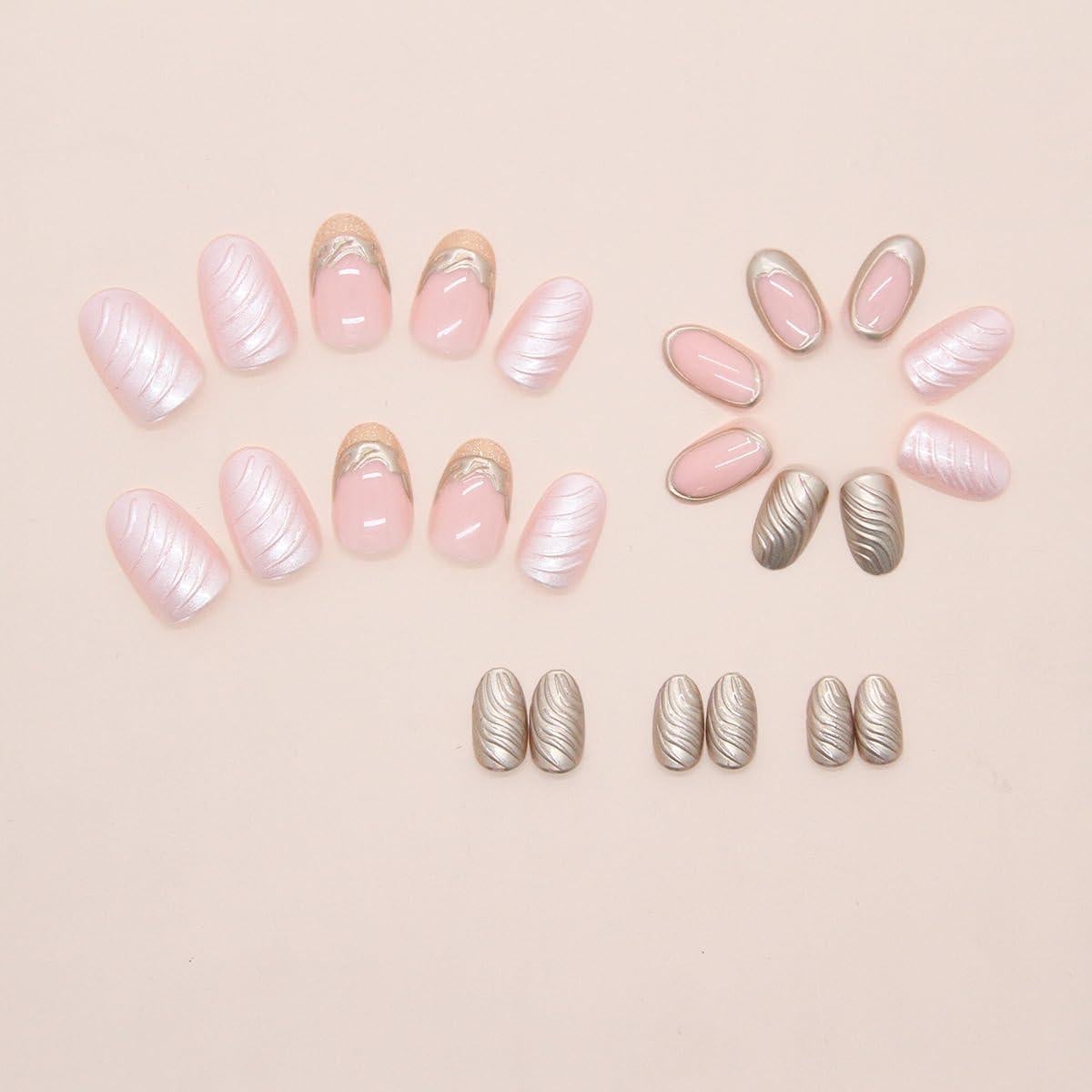 Uñas Postizas Cortas Ovaladas Doradas 24 Pcs KAICCOSO