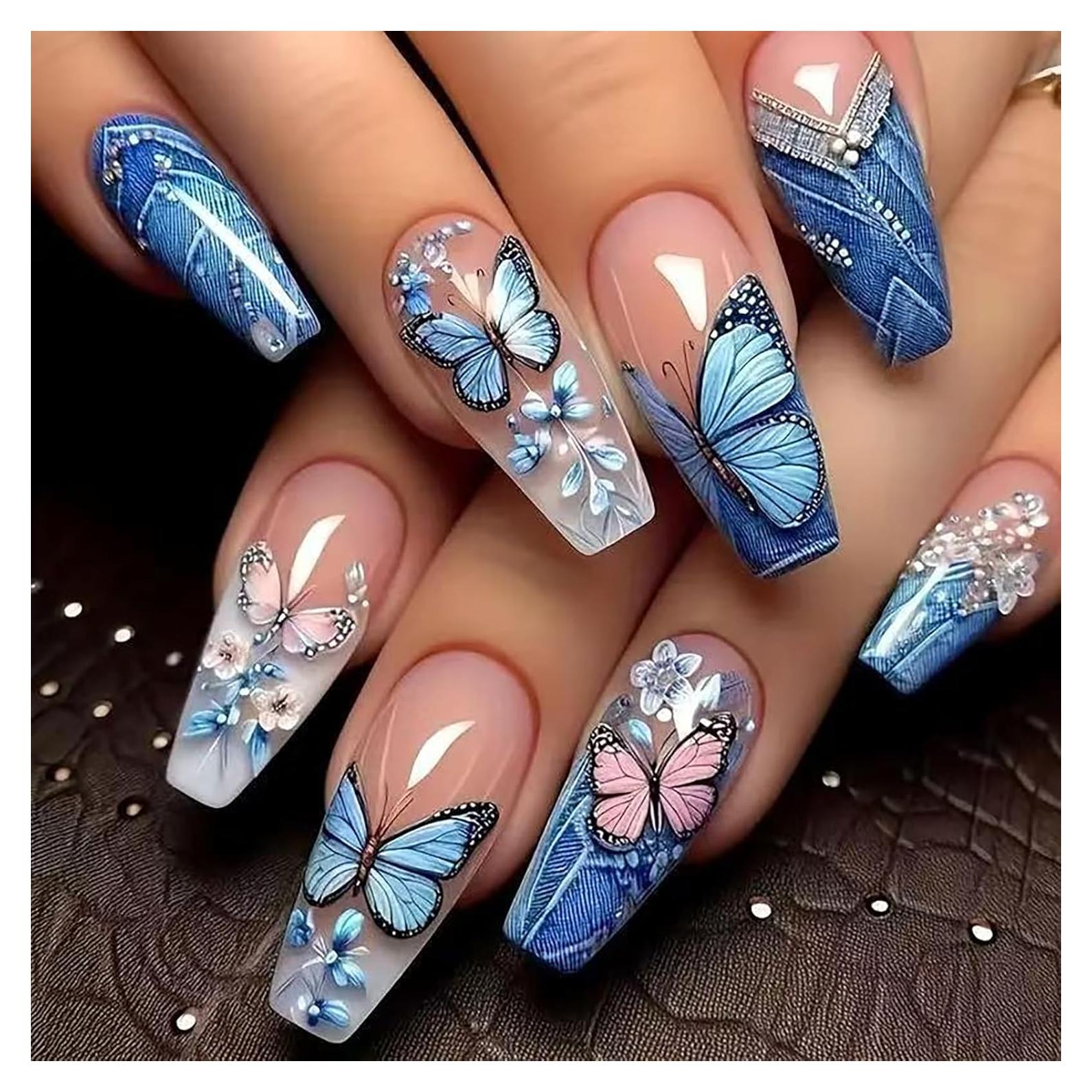 Uñas Falsas Largas Coffin Presión Francesa CHAONENG 24 Pcs