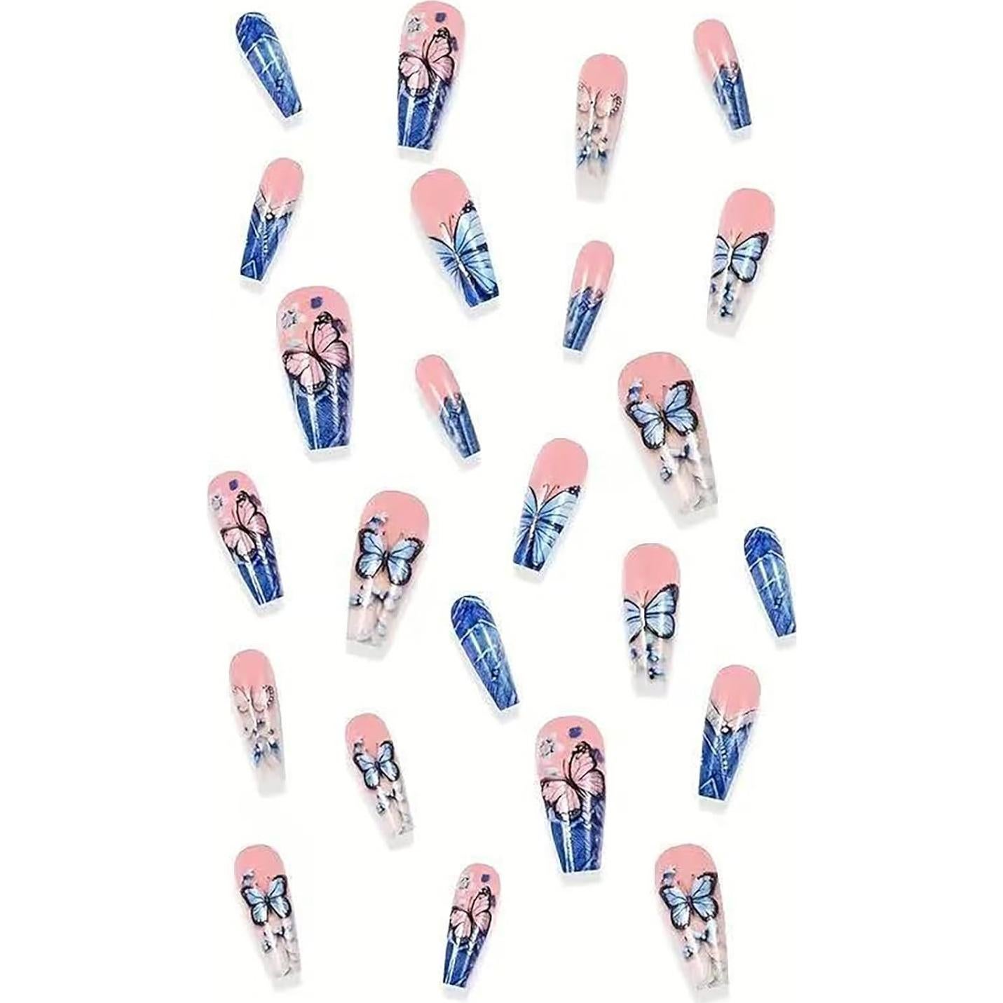 Uñas Falsas Largas Coffin Presión Francesa CHAONENG 24 Pcs