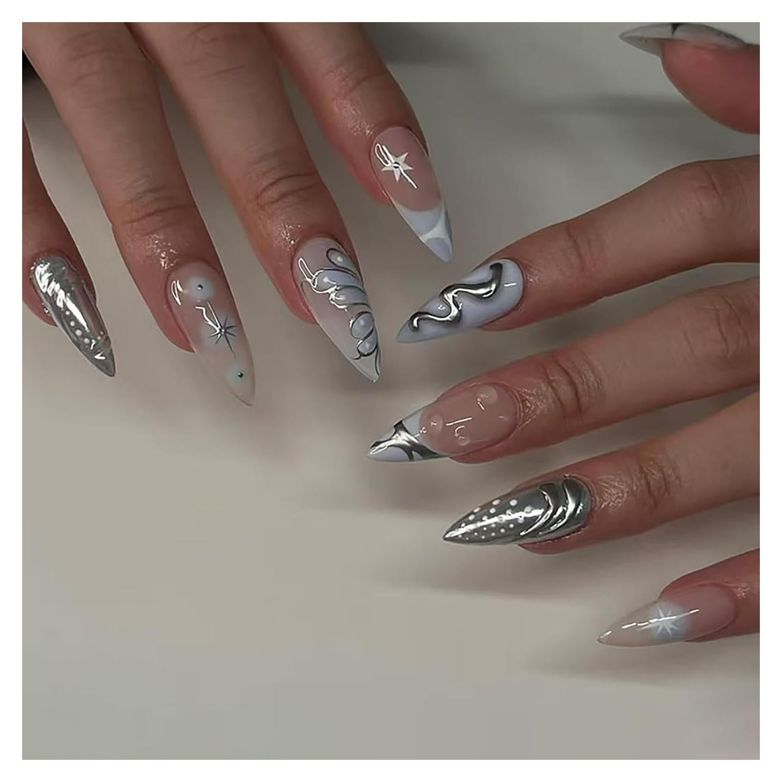 24 Uñas Postizas Almendra ASABITE Punta Francesa Azul