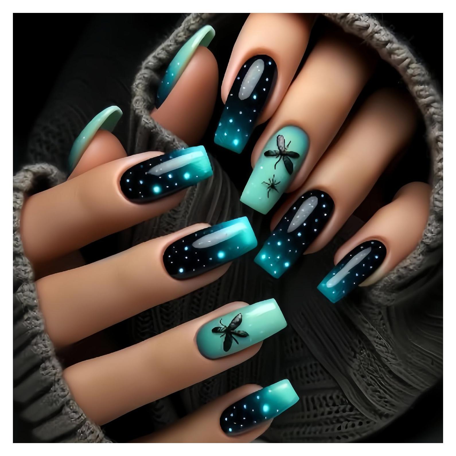 Uñas Postizas Acrílicas TBRZTR Mariposa Verde Oscuro 24Pcs