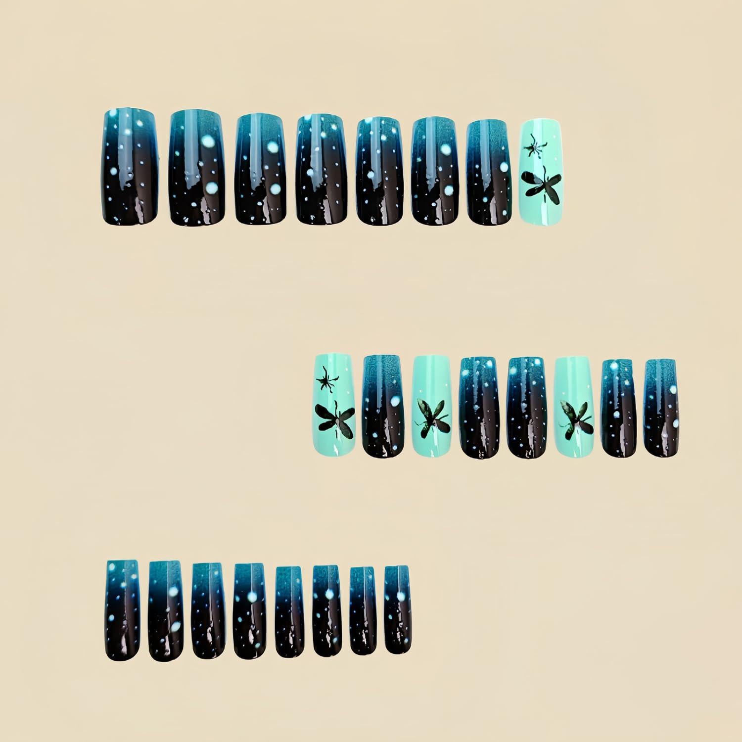 Uñas Postizas Acrílicas TBRZTR Mariposa Verde Oscuro 24Pcs