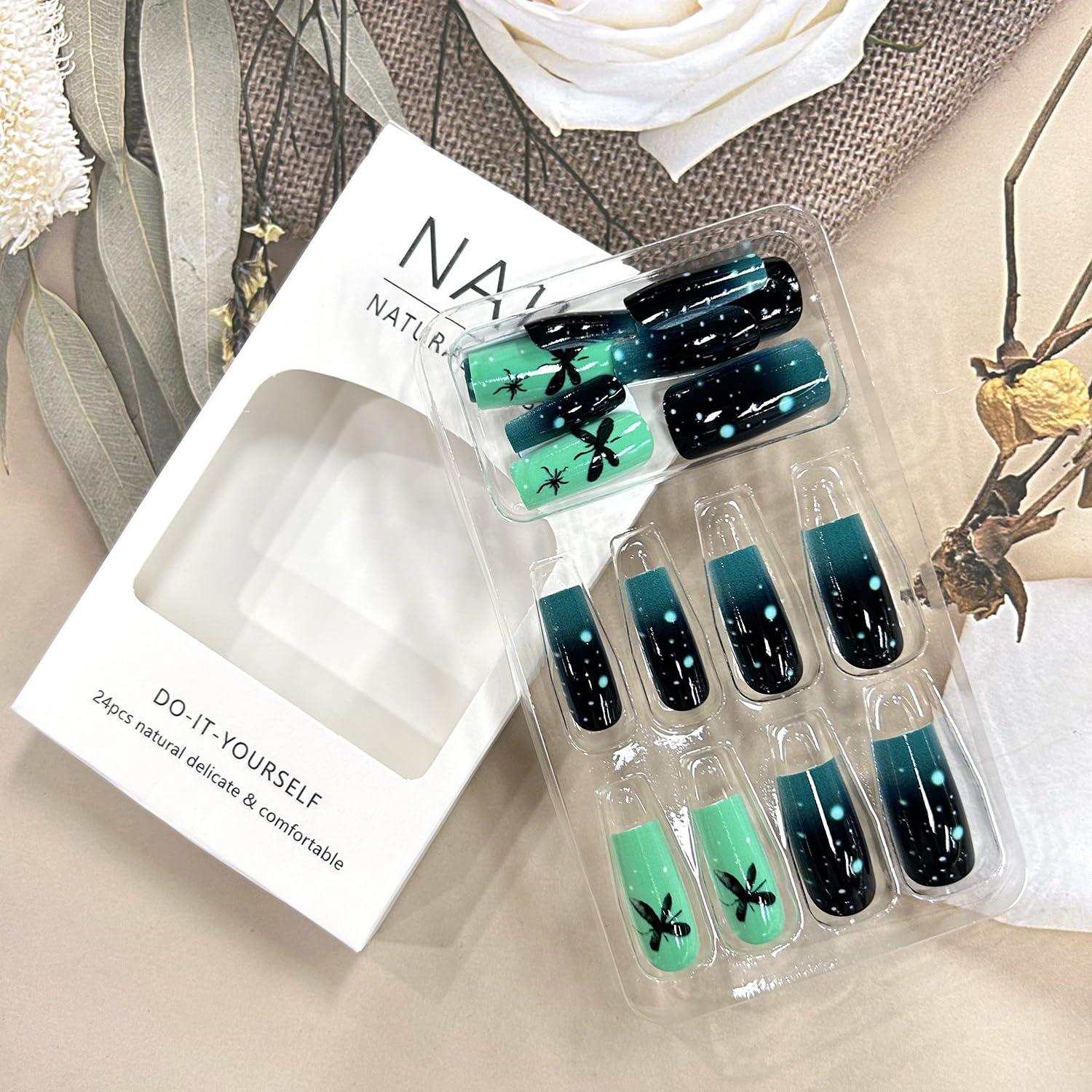 Uñas Postizas Acrílicas TBRZTR Mariposa Verde Oscuro 24Pcs