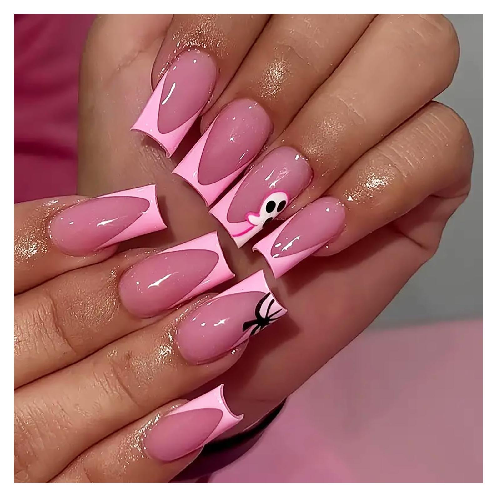 24 Uñas Postizas Cortas Halloween Rosa Fantasmas FDSQHSA