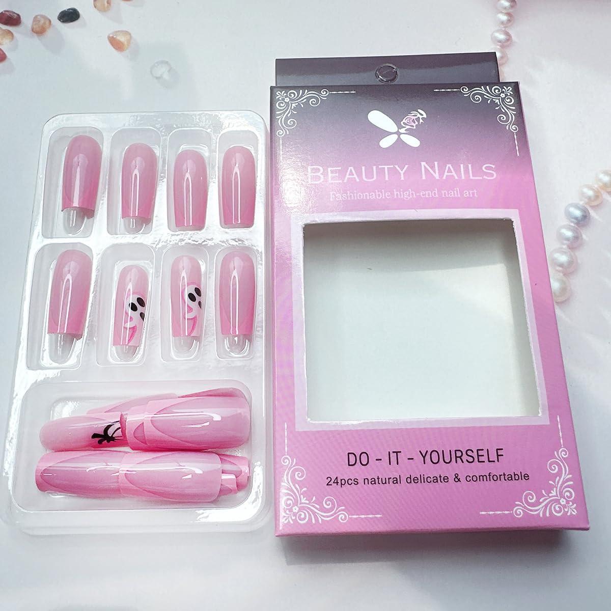 24 Uñas Postizas Cortas Halloween Rosa Fantasmas FDSQHSA