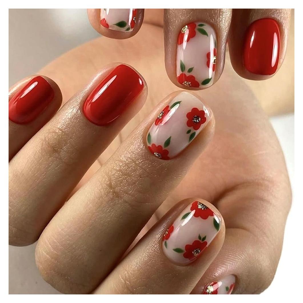 Uñas Postizas Cortas Cuadradas RUPOFUZA 24Pcs Diseño Flores Rojas