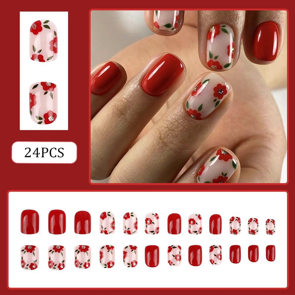 Uñas Postizas Cortas Cuadradas RUPOFUZA 24Pcs Diseño Flores Rojas