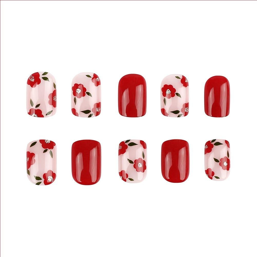 Uñas Postizas Cortas Cuadradas RUPOFUZA 24Pcs Diseño Flores Rojas