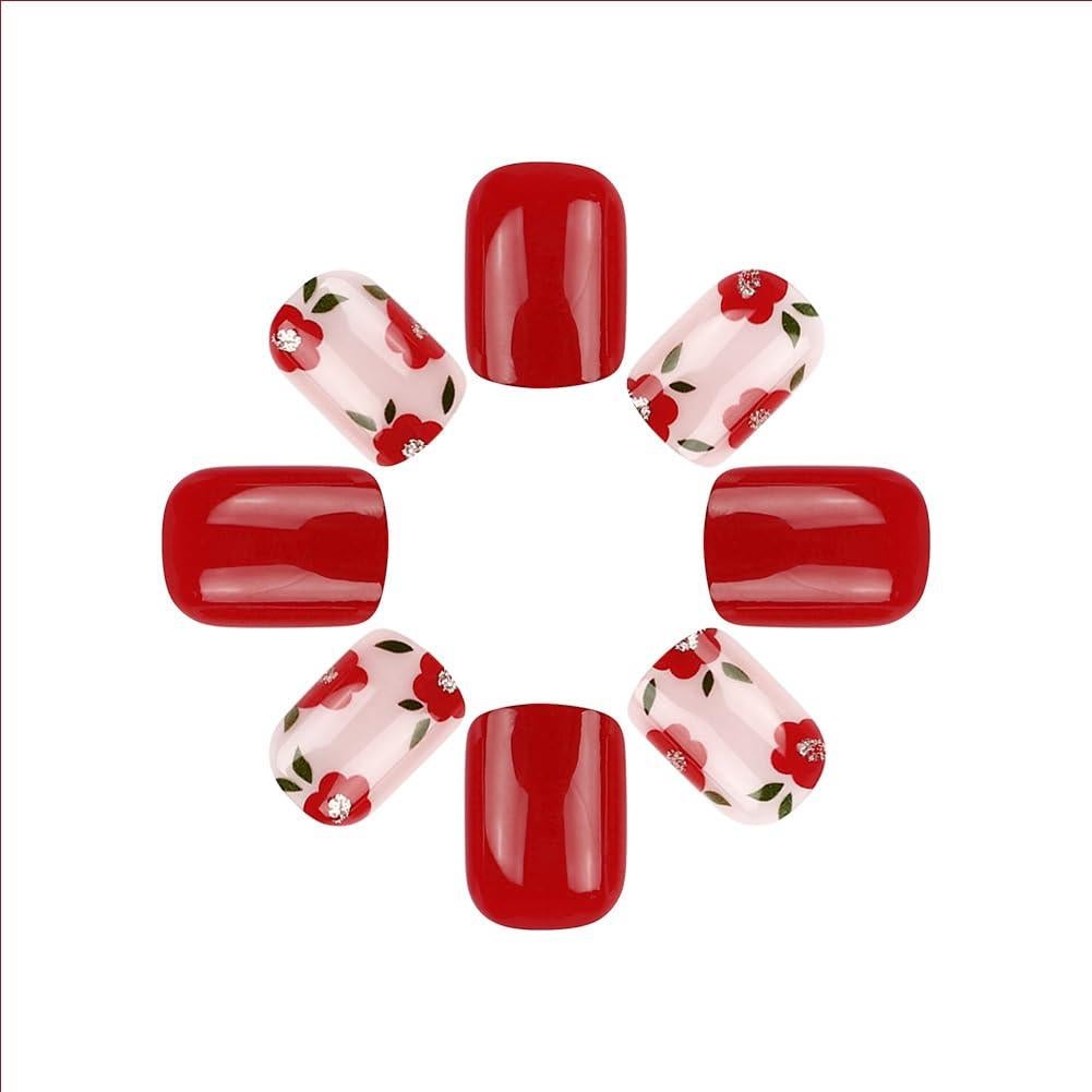 Uñas Postizas Cortas Cuadradas RUPOFUZA 24Pcs Diseño Flores Rojas