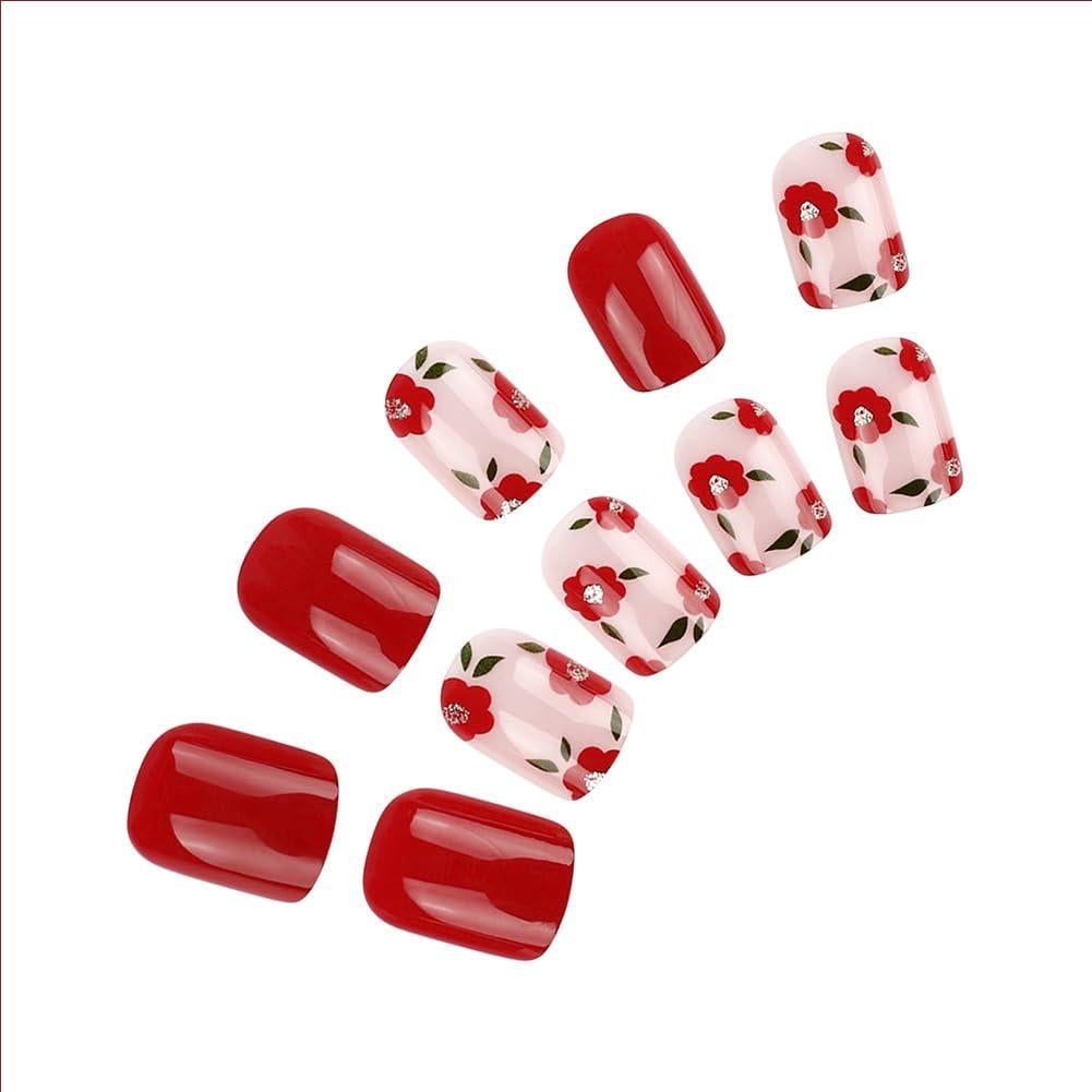 Uñas Postizas Cortas Cuadradas RUPOFUZA 24Pcs Diseño Flores Rojas